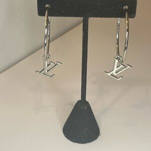 Upcycled Silver LV Louis Vuitton Stamped Charm 30mm Hoop Earrings